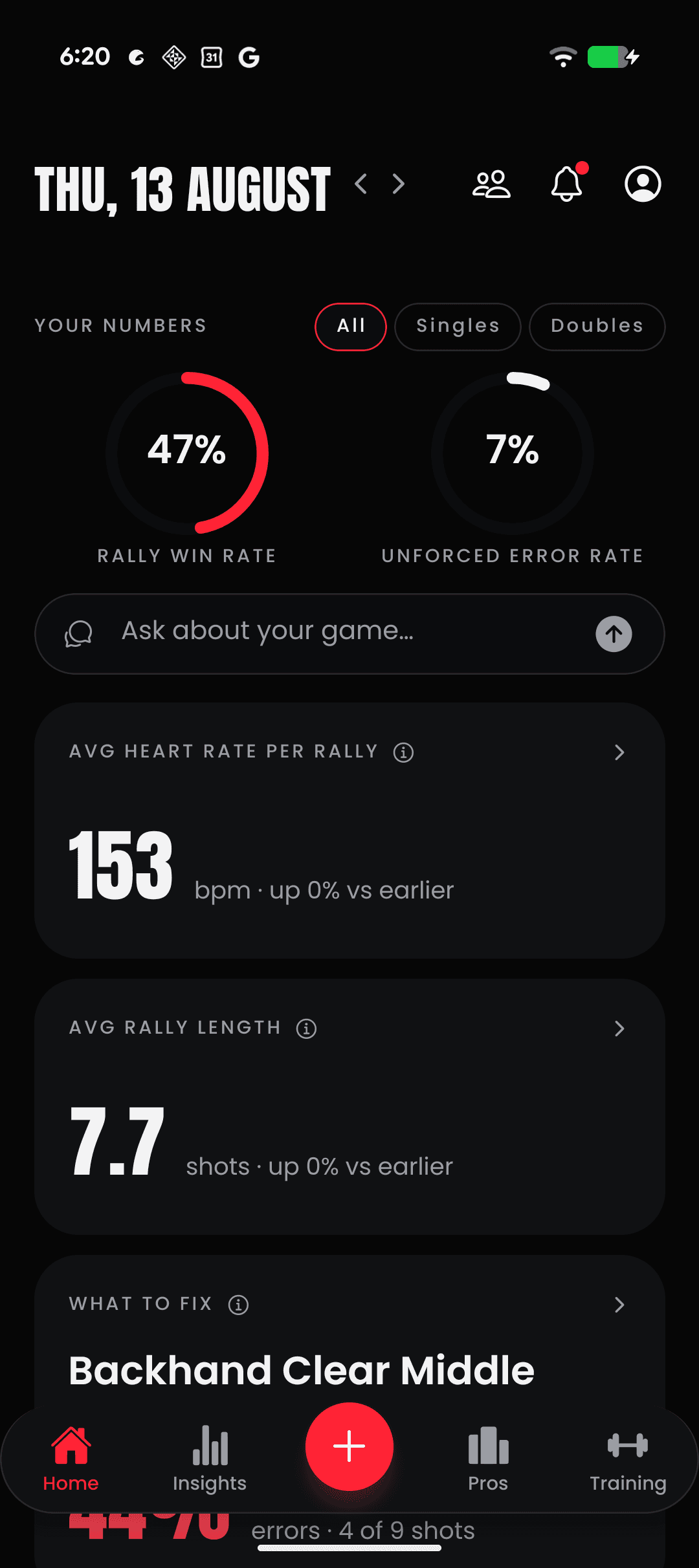 The GGAB dashboard on a phone, showing rally win rate and match trends