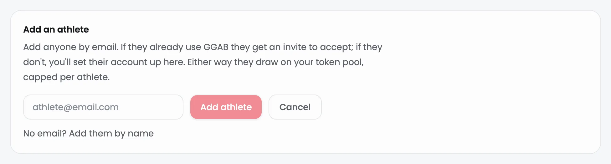 The Add an athlete panel with an email field, an Add athlete button, and a No email? Add them by name link.