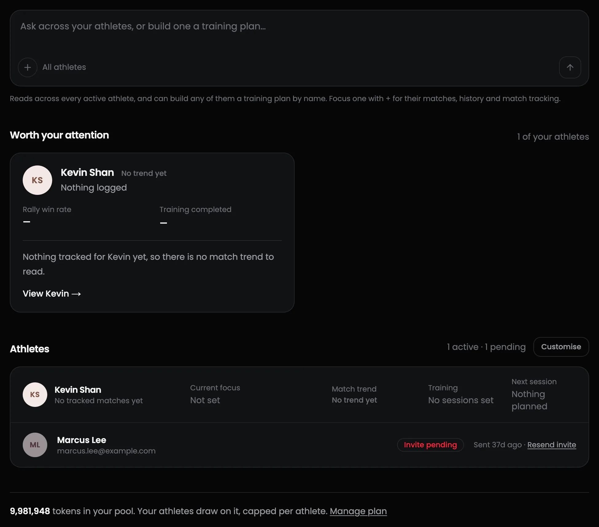 The Athletes page: the question box, a Worth your attention card for one athlete, the roster with a pending invite, and the token pool line.