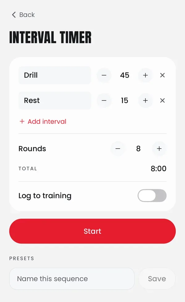 The interval timer setup: Drill 45 and Rest 15 seconds, 8 rounds, an 8:00 total, the Log to training switch, Start and Presets.