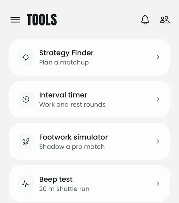 Tools in the GGAB app: Strategy Finder, Interval timer, Footwork simulator and Beep test.
