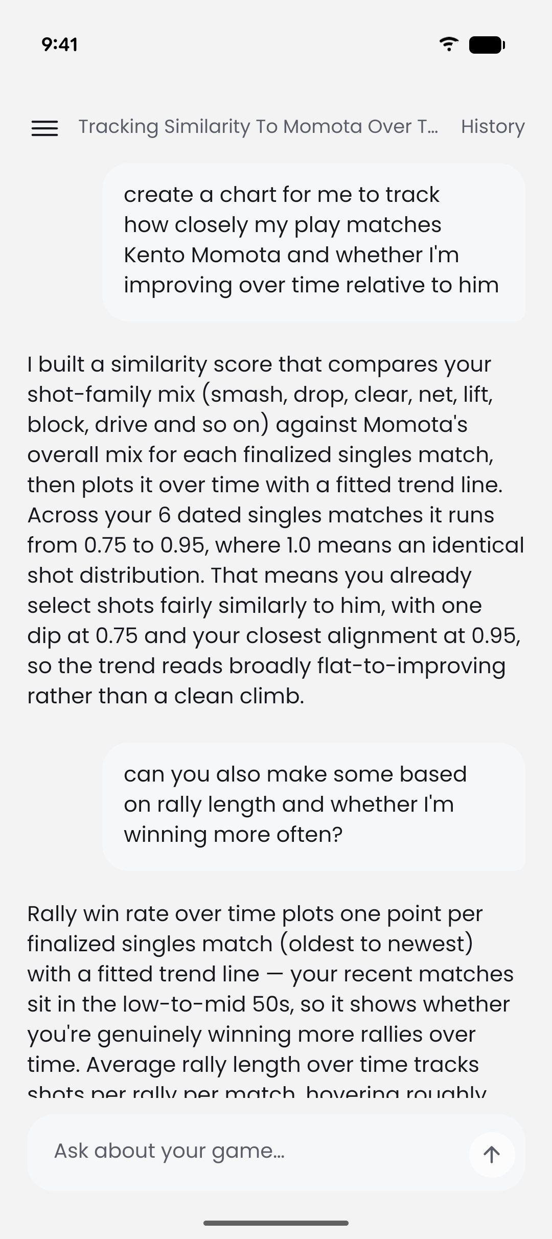 GGAB AI Coach scoring how closely the player's shot mix matches Kento Momota's, match by match