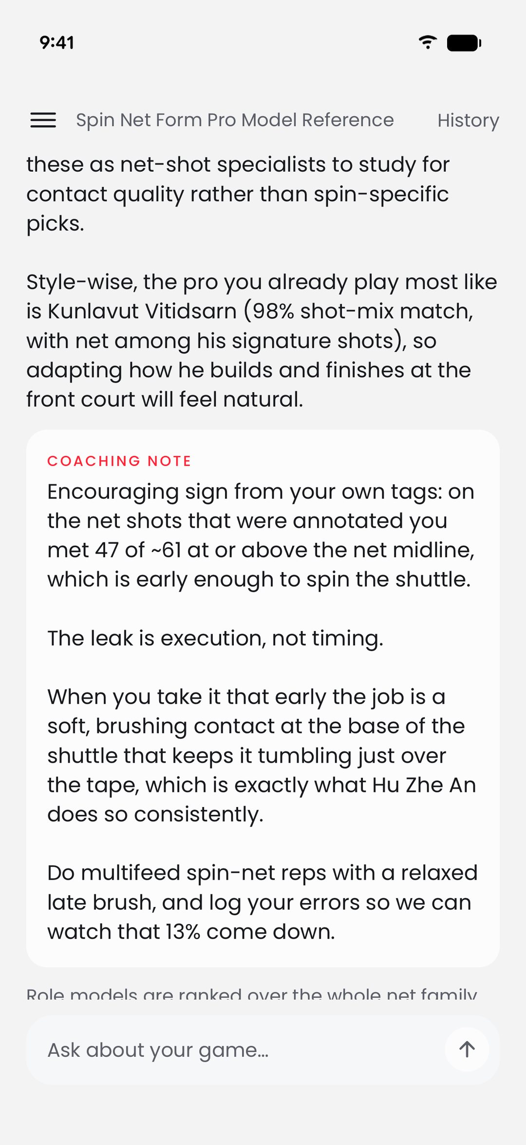 The same AI Coach answer, further down: a Coaching Note saying the leak is execution, not timing, with the drill to fix it