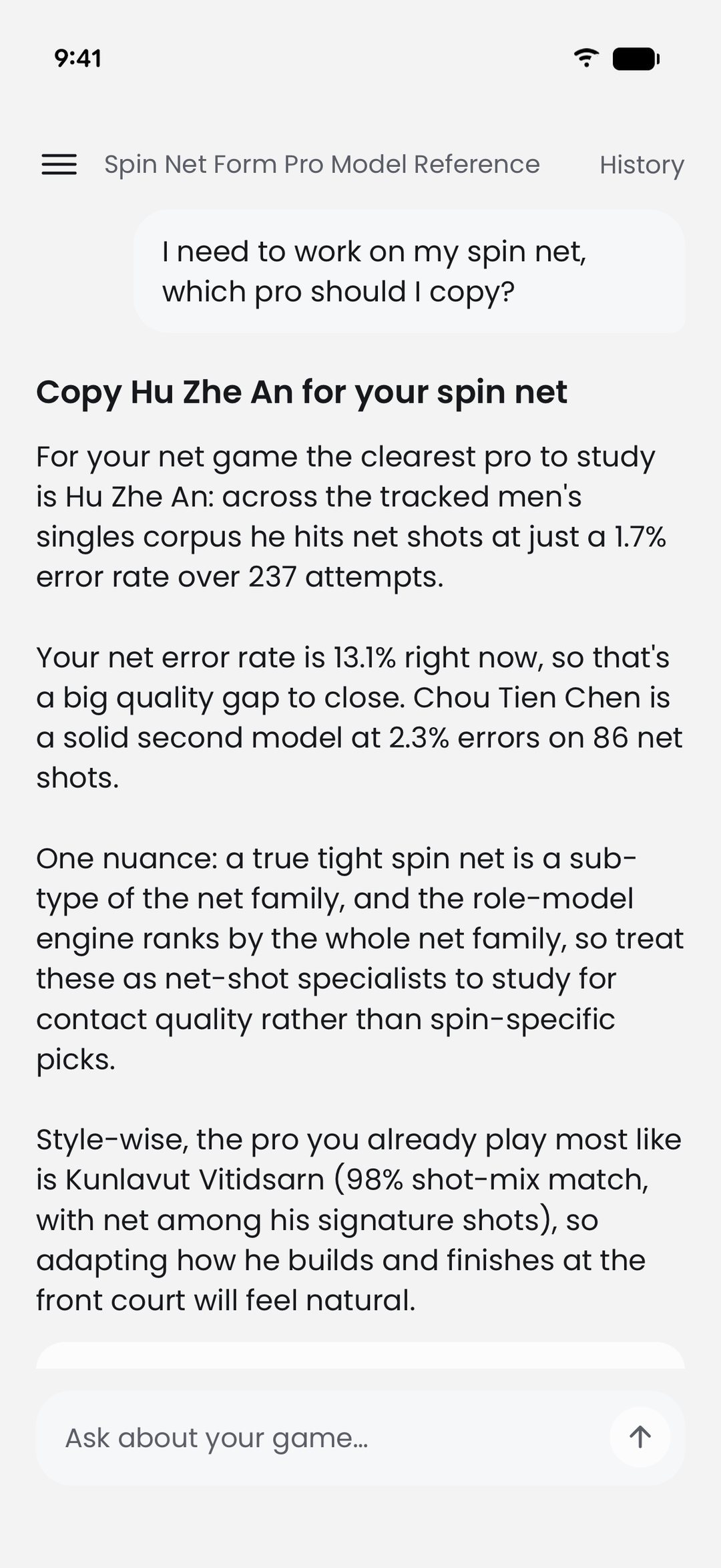 GGAB AI Coach answering which pro to copy for a spin net, with the player's 13.1% net error rate against Hu Zhe An's 1.7%