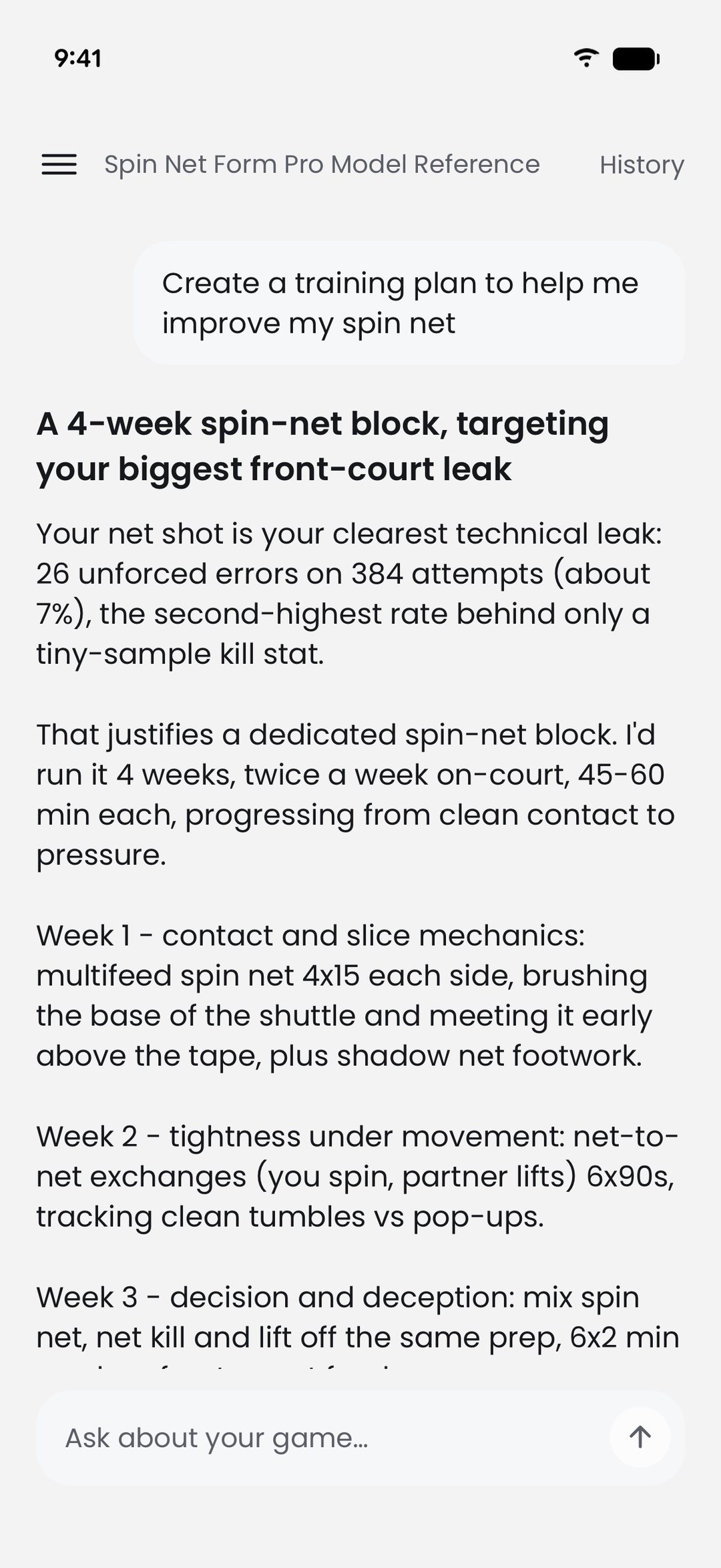 AI Coach thread: asked for a training plan to improve the spin net, it lays out a 4-week spin-net block, week by week